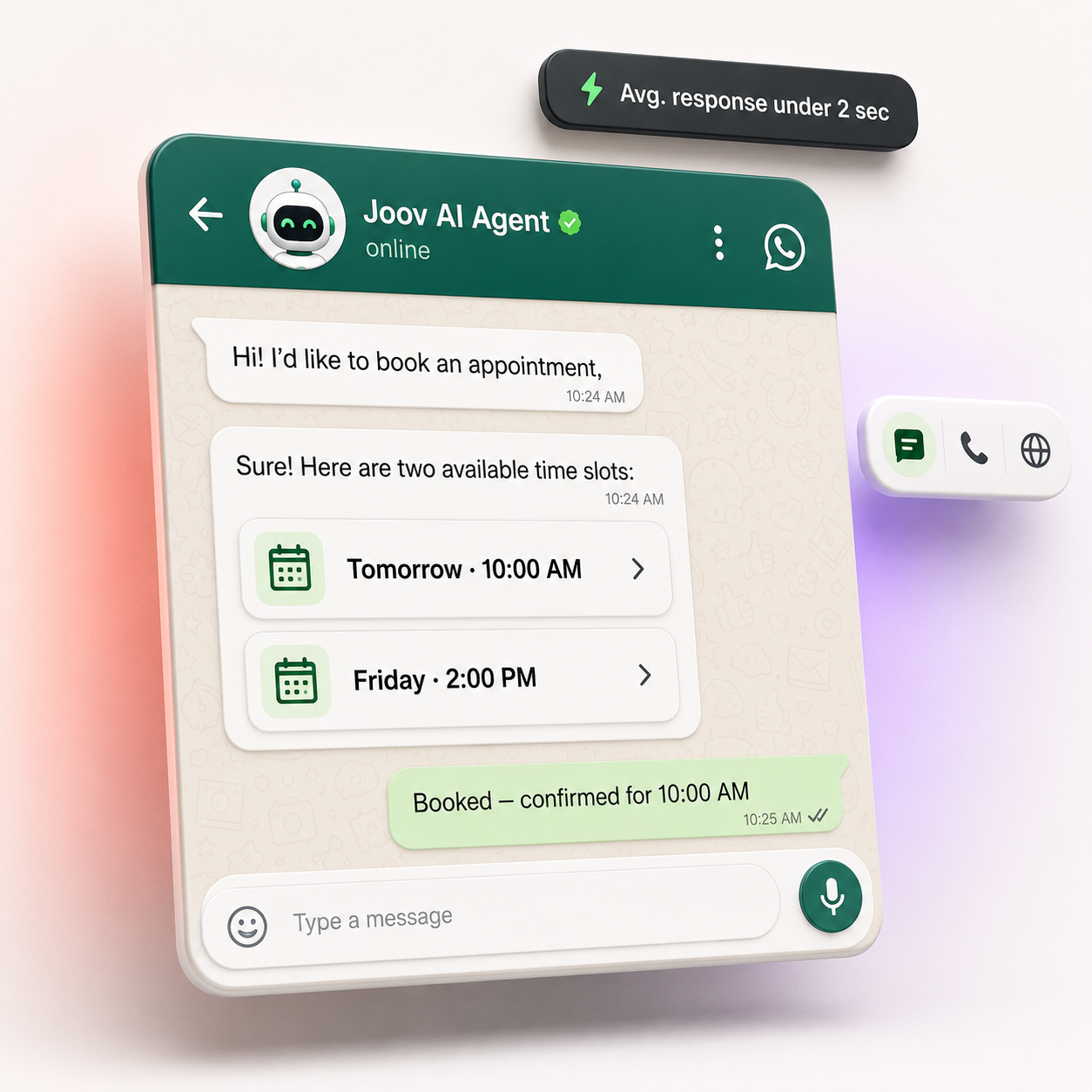 Joov.AI WhatsApp assistant booking an appointment for a customer