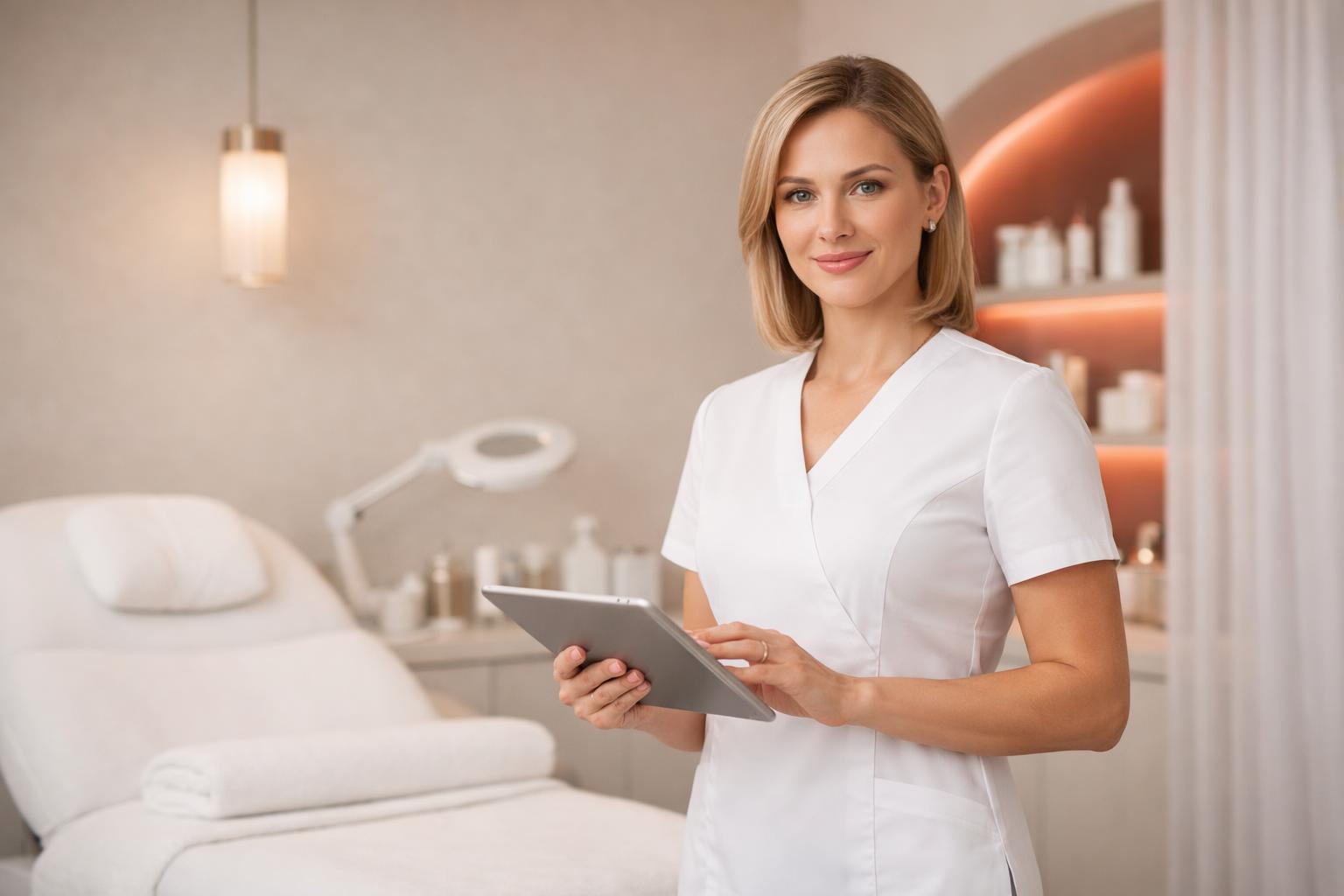 Aesthetic clinic professional using a tablet for patient inquiries