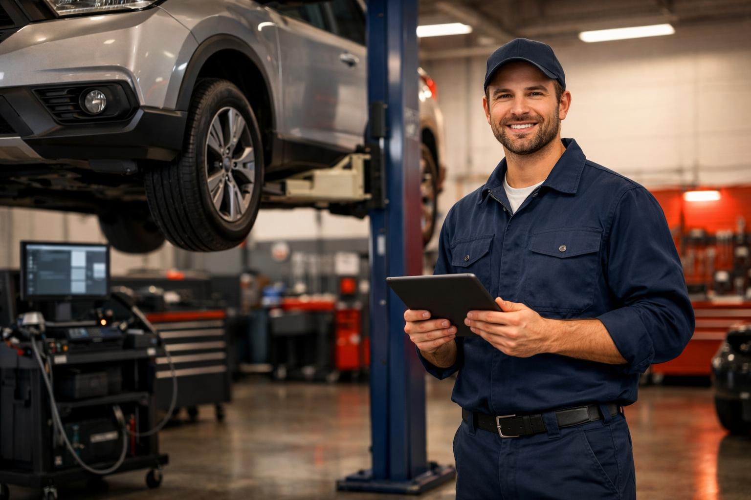 Auto mechanic in a modern repair shop holding a tablet beside a car lift