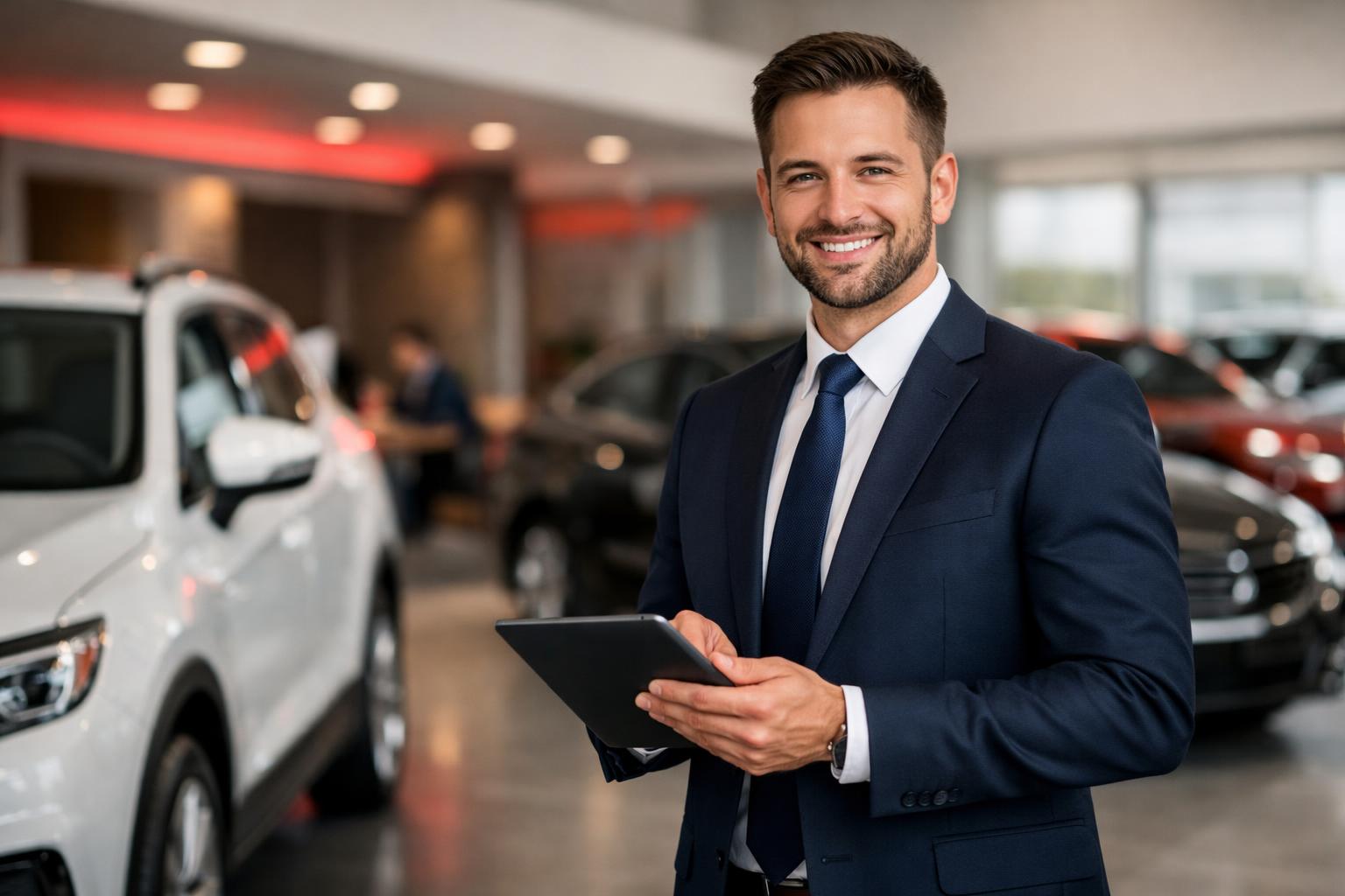 Car sales consultant in a modern dealership showroom holding a tablet