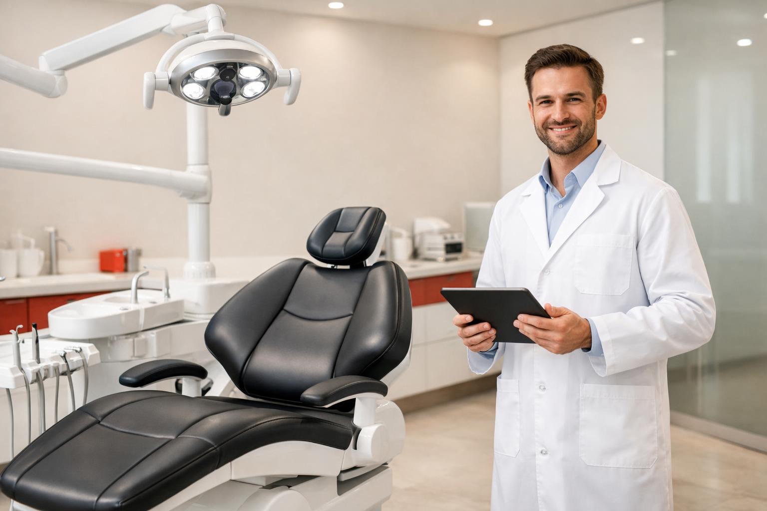 Dentist standing beside a modern dental chair and dental lamp with a tablet