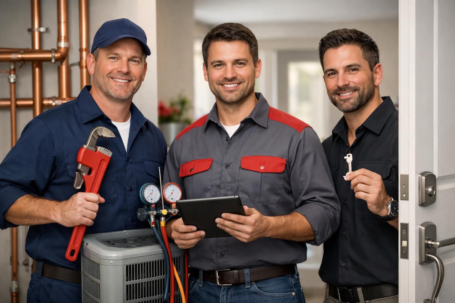 Plumber HVAC technician and locksmith standing with tools and a tablet