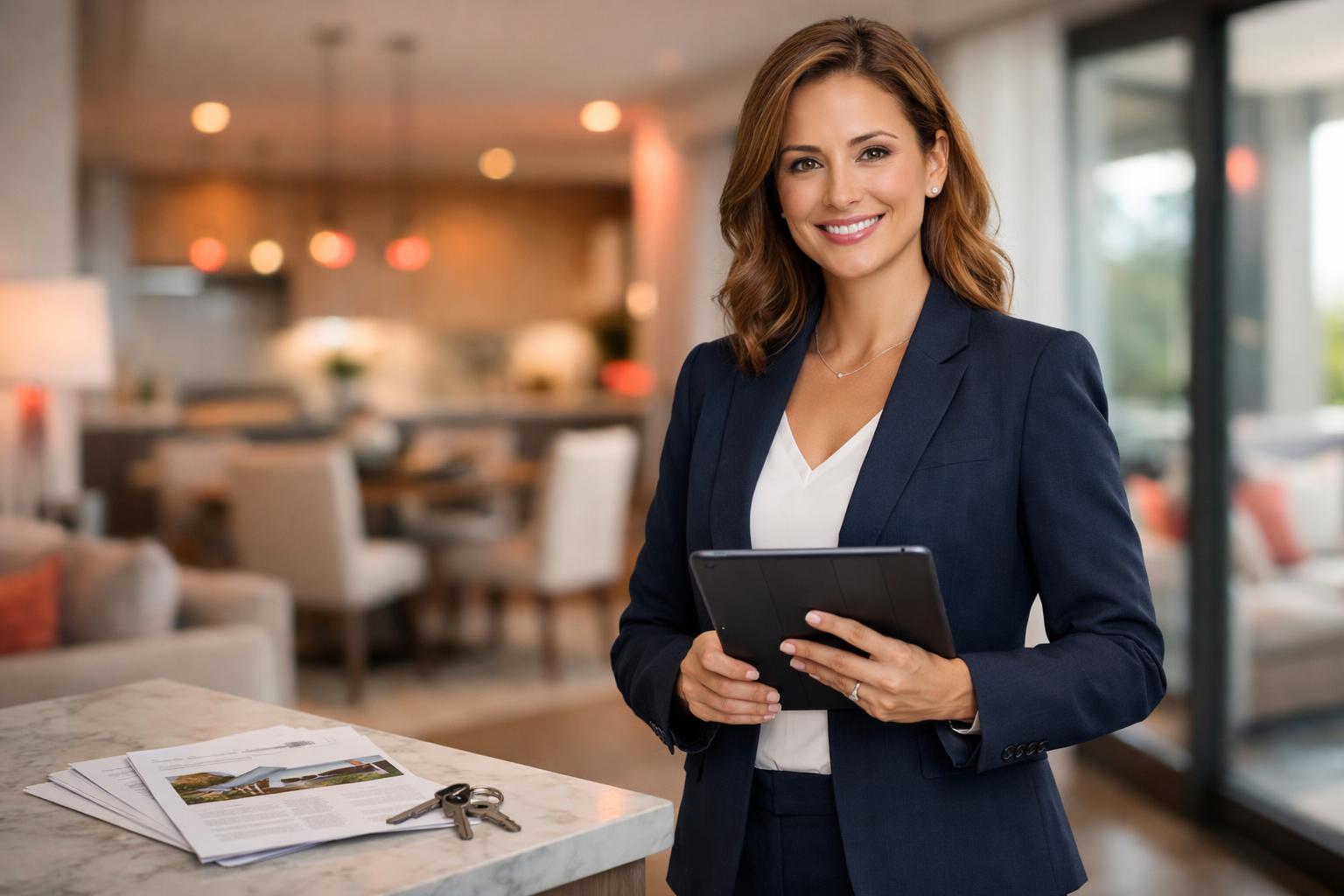 Real estate agent in a modern apartment holding a tablet with property keys